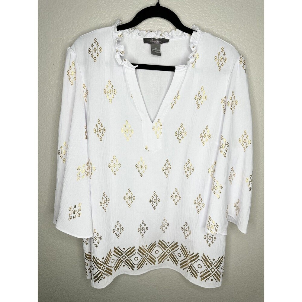 Olivia & Martin Shirt Womens 1X White Gold Foil Ruffle Split Neck Boho Blouse